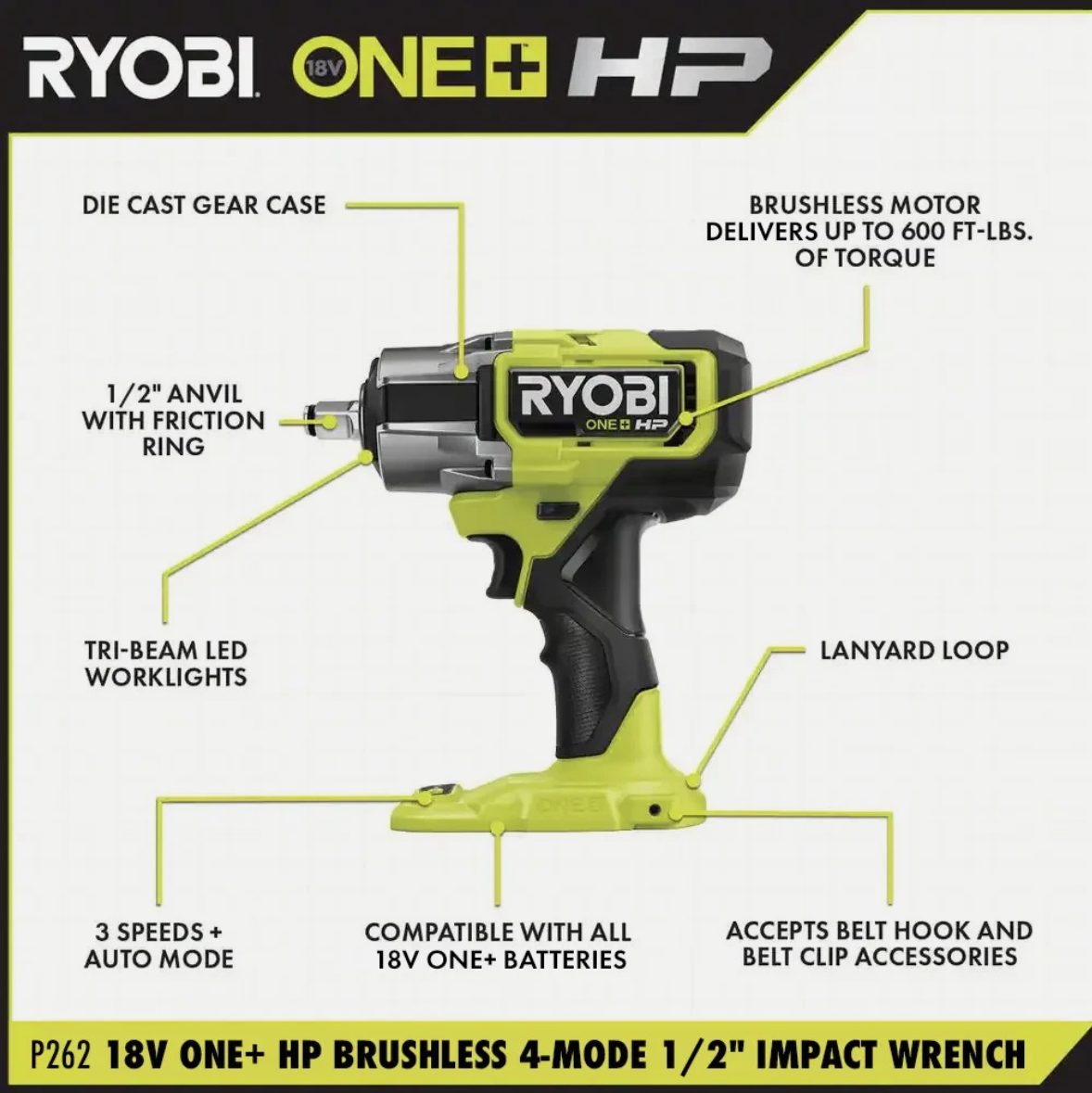 Ryobi P262 18V ONE+ HP Brushless 4-Mode 1/2" Impact Wrench Tool Body Only