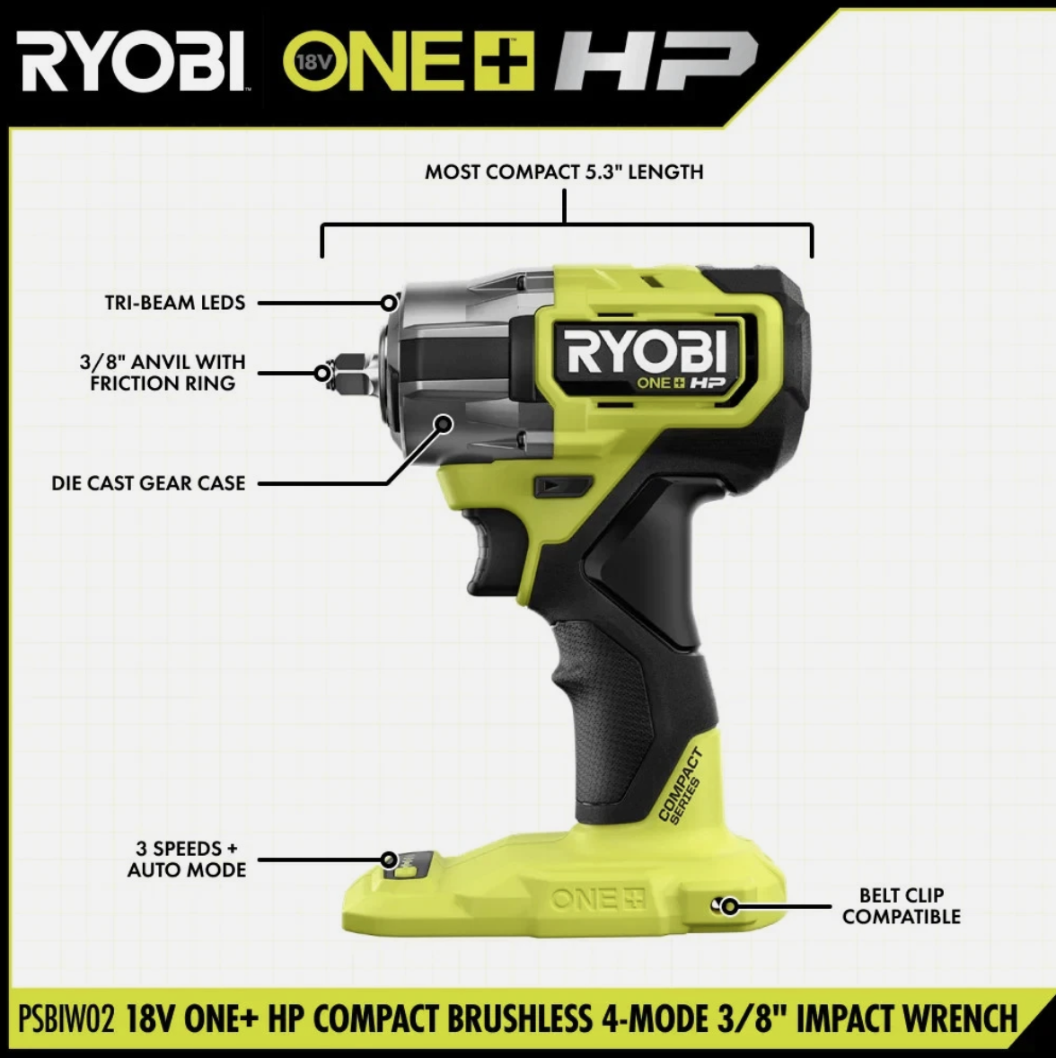 Ryobi PSBIW02 18V ONE+ HP Compact Brushless 4-Mode 3/8" Impact Wrench -Body Only